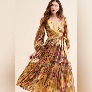 Anthropologie Long-Sleeve V-Neck Metallic Midi/Maxi Dress